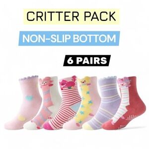 Girls Grip Anti-slip Animal Whimsical Funny Critter Pack Cotton Socks 3-5 YO 6pk